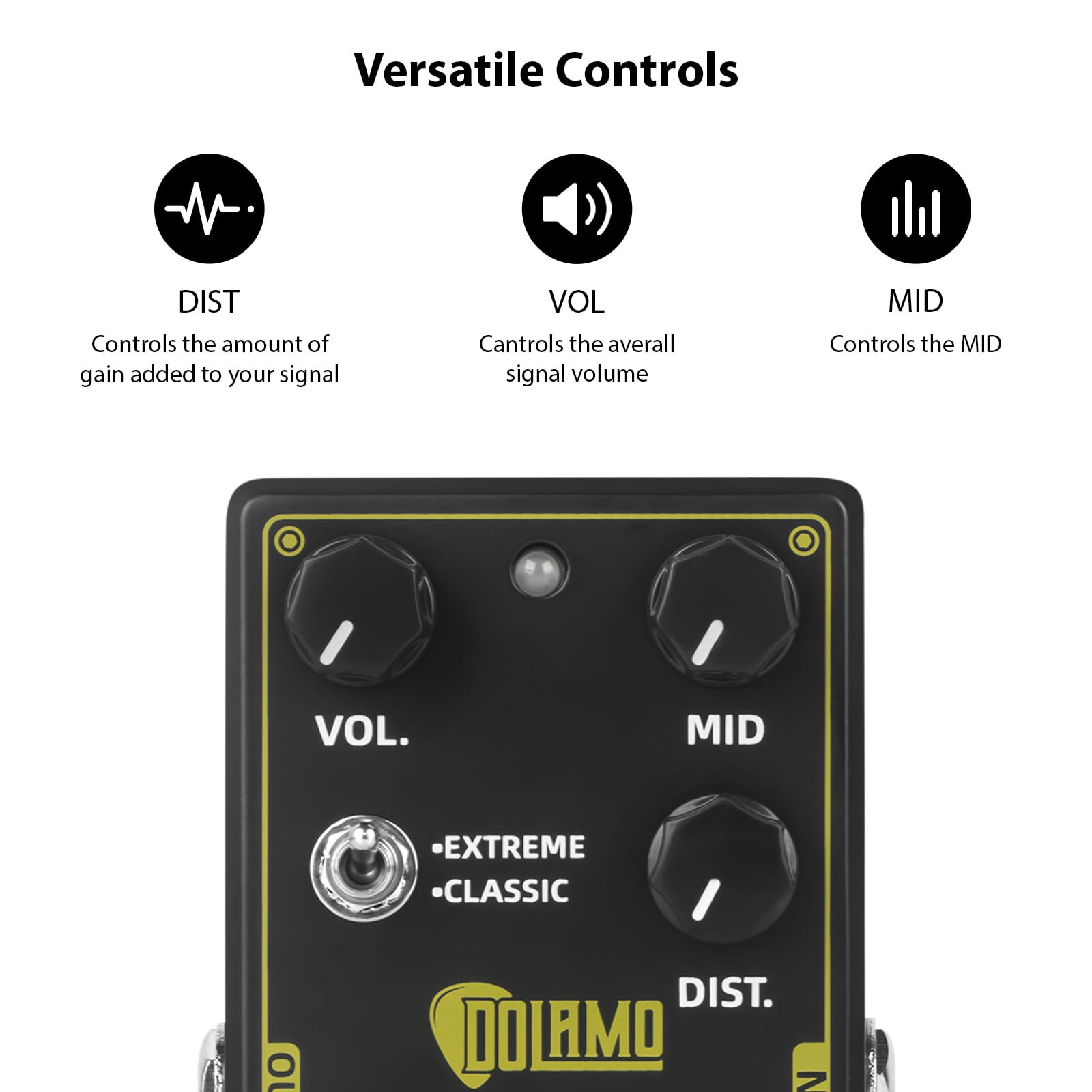 Dolamo Heavy Metal Guitar Effects Pedal High Gain Distortion Volume/Mid DC 9V 6.35mm Input/Output Interface Extreme and Classic Two-Way Selector Switch Electric Guitar Effector with True Bypass