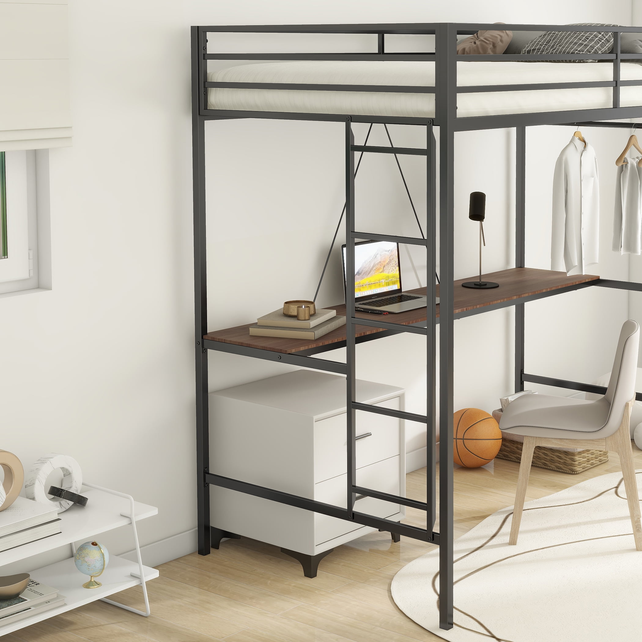 Christopher Knight Home Metal Loft Bed, Twin Size Bed Frame with Clothes Hanger for Kids Teens, Black