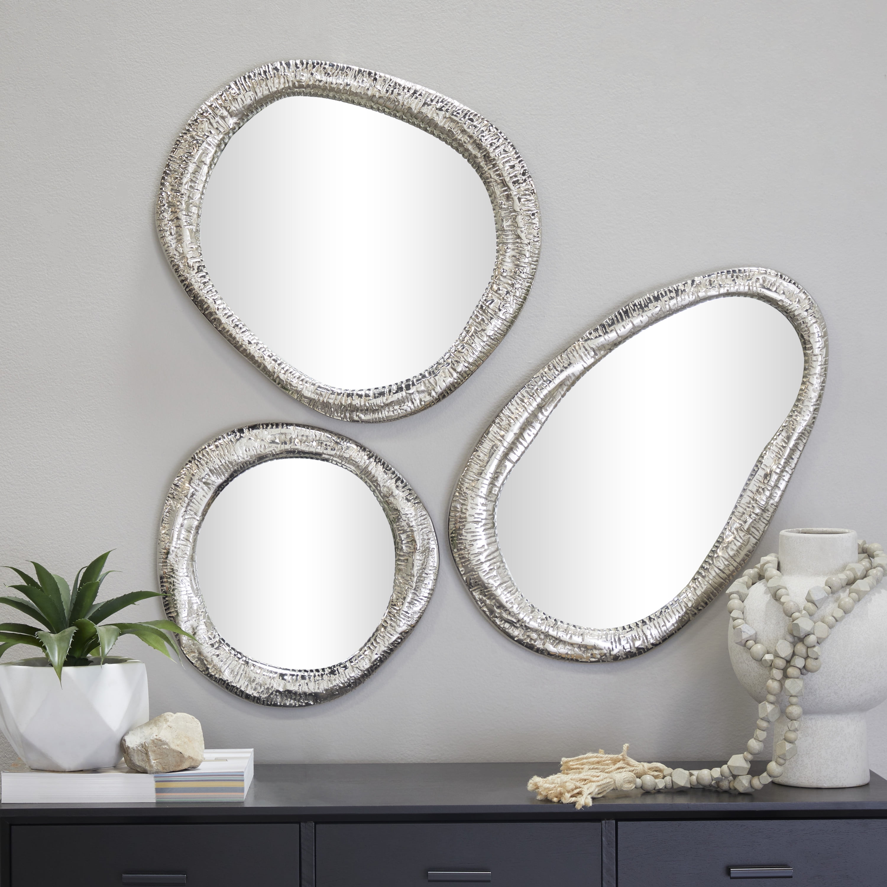 DecMode 23", 20", 15"H Silver Abstract Wall Mirror, Set of 3