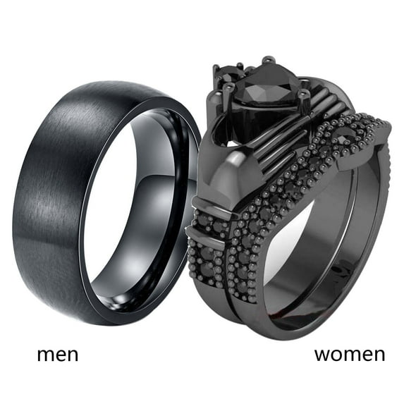 ringheart Black Claddagh Ring Matching Rings His and Her Rings Couple Rings Cz Wedding Ring Sets for Him and Her Men and Women Ring