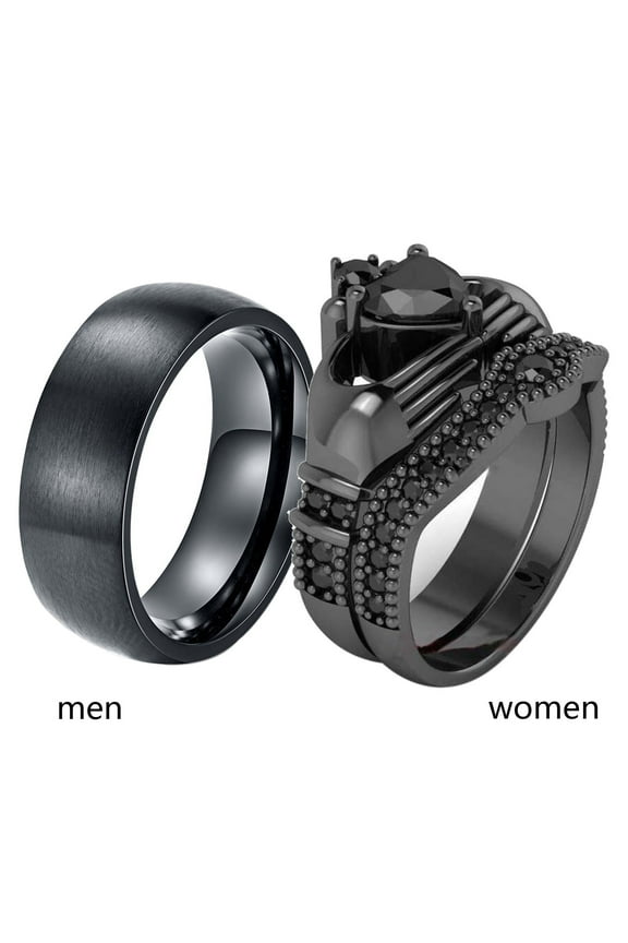 Black Claddagh Ring Matching Rings His and Her Rings Couple Rings Cz Wedding Ring Sets for Him and Her Men and Women Ring