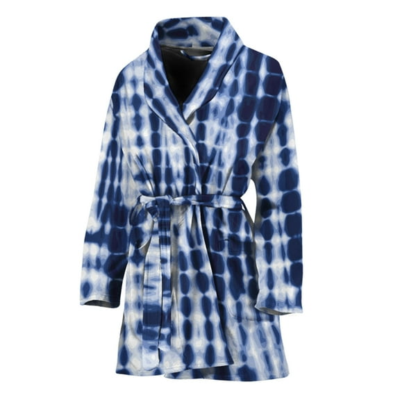 Blue Tie Dye Shibori Women Bathrobe One Size Univeral Fits, Traditional Japan Japanese Vibe Shibori Fashion Lightweight Plush Fleece Long Robe For Women