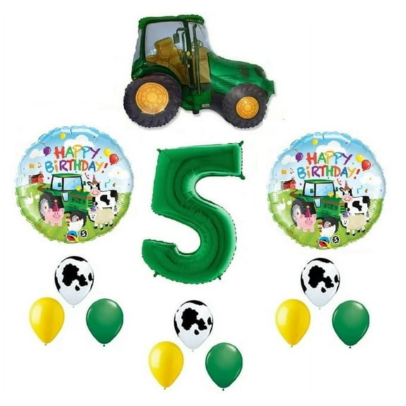 Farm Tractor 13 Piece #5 5th Green Yellow Happy Birthday Balloon Bouquet Party Decoration