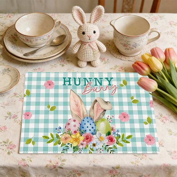 AURIGATE Easter Linen Placemats, Bunny & Floral Gingham Print Table Mats, Heat-Resistant Washable Dining Decor for Spring Brunch & Holiday Gathering