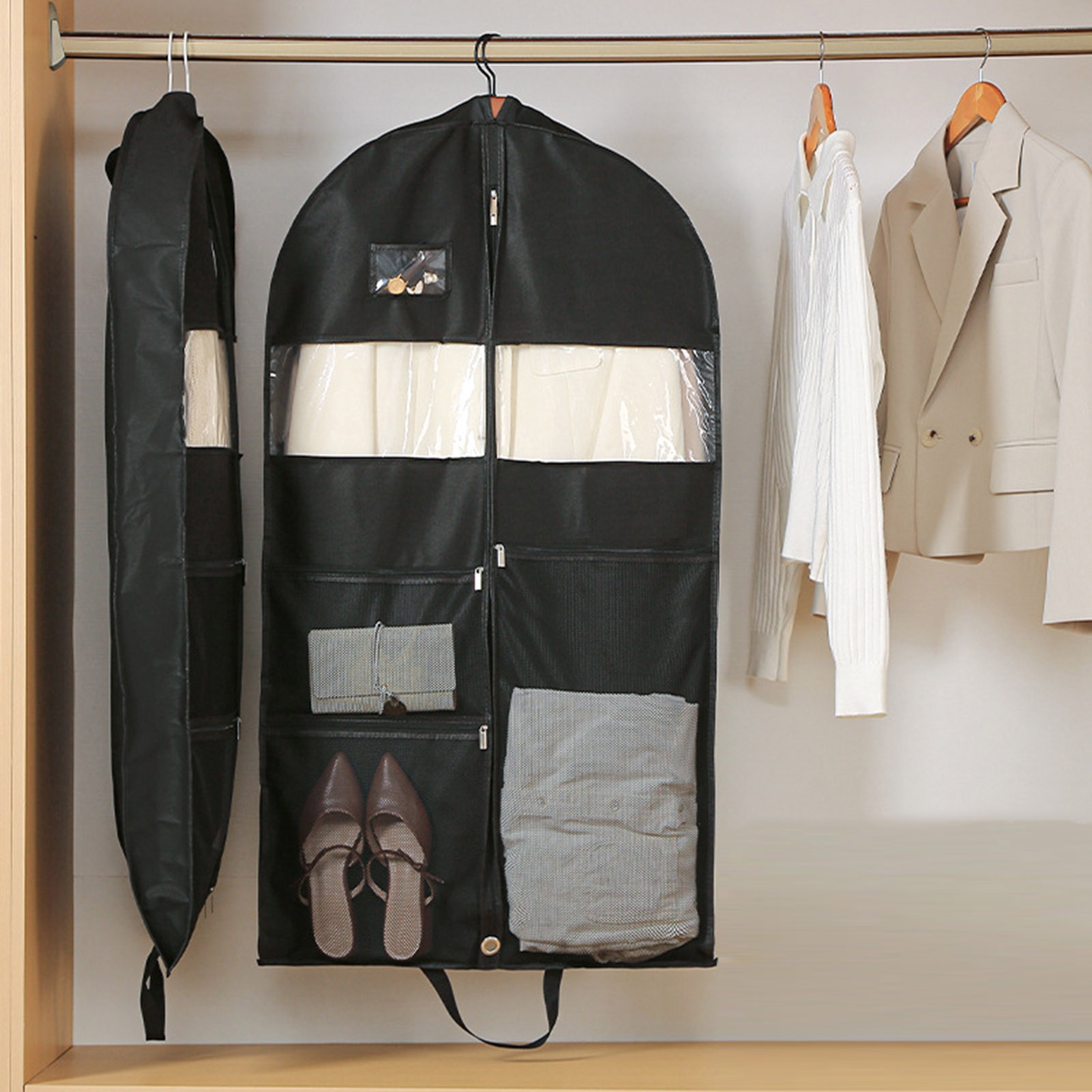 tasrioml Garment Bag Smooth Zipper Breathable Fabric Mesh Pockets Clear Windows with Handle Hanging Closet Clothes Storage Organizer