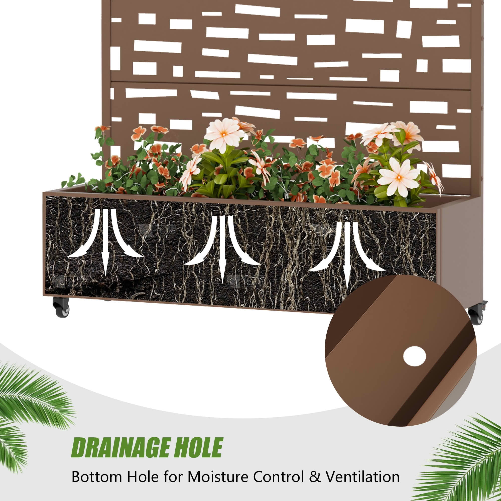 MAYEERTY 47X47" Metal Outdoor Brown Privacy Screen with Planter Box for Backyard & Garden, 3 Piece Set
