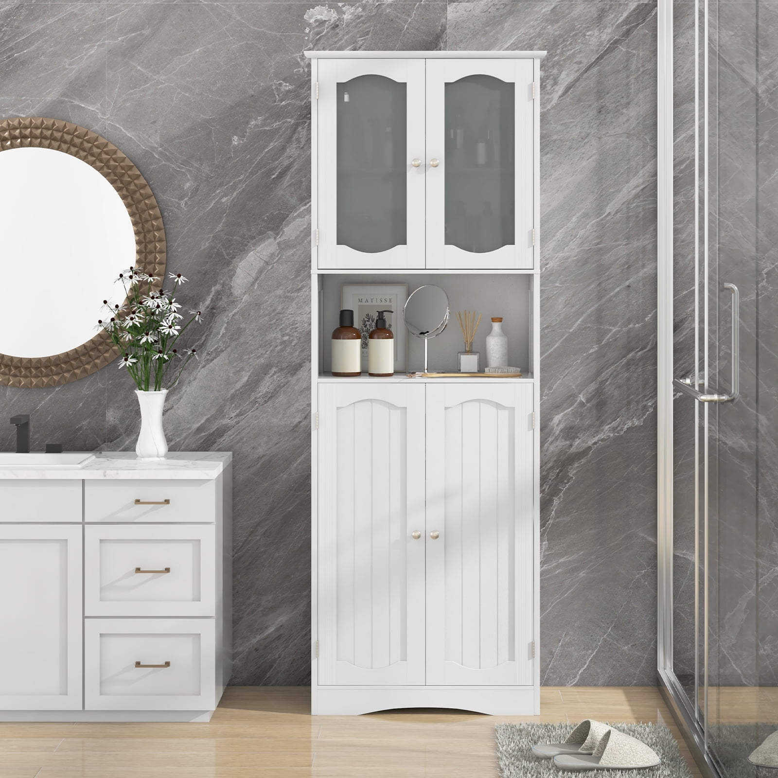Giantex 64.5" Tall Bathroom Storage Cabinet, Freestanding Linen Cabinet, Kitchen Pantry Cabinet, White