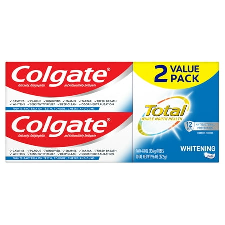 Colgate Total Whitening Toothpaste, Mint, 2 Pack, 4.8 oz Tubes