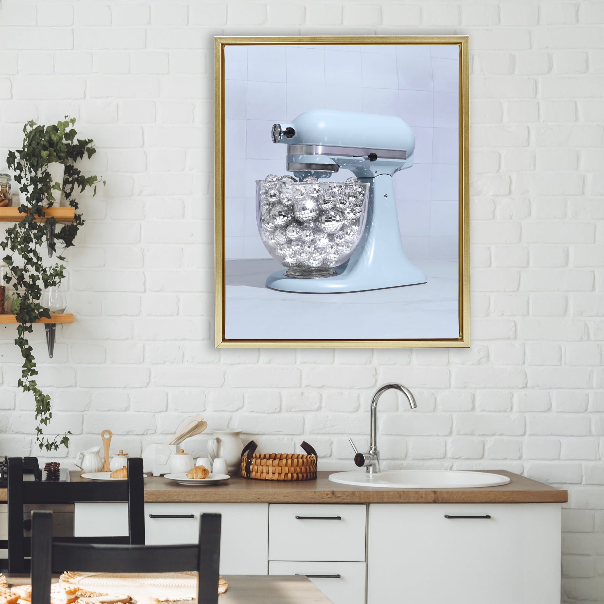 Stupell Industries Disco Kitchen Mixer over Blue Gold Framed Floater Canvas Wall Art, design by LISH Creative