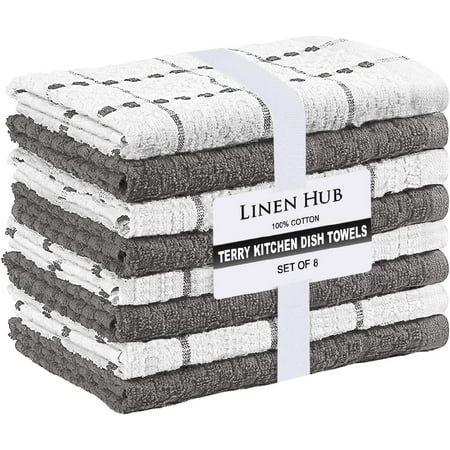 

Linen Hub Terry Kitchen Dish Towels for Drying Dishes Set of 8 Soft Absorbent Tea Towels Farmhouse Kitchen Towels with Hanging Loop 100% Cotton Hand Towels for Kitchen 15x25 Grey White
