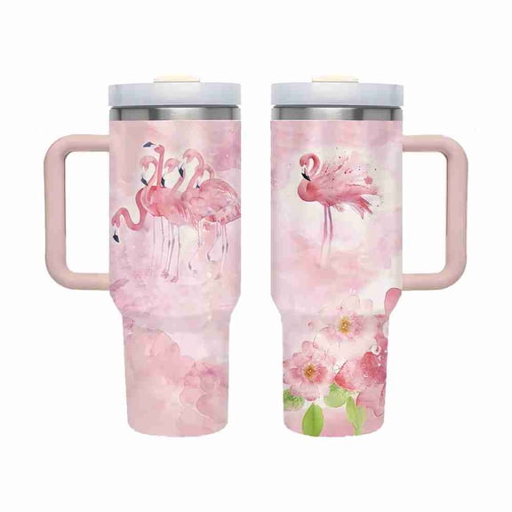 40 oz Pink Watercolor Flamingo Tumbler with Handle and Straw, Insulated Stainless Steel Travel Cup for Women Gifts