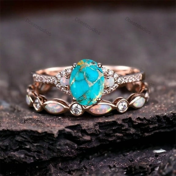 Vintage Turquoise Anniversary Ring Set Fire Opal Bridal Wedding Band, Women Stacking Ring Set, Rose Gold Jewelry Delicate Matching Gift Band