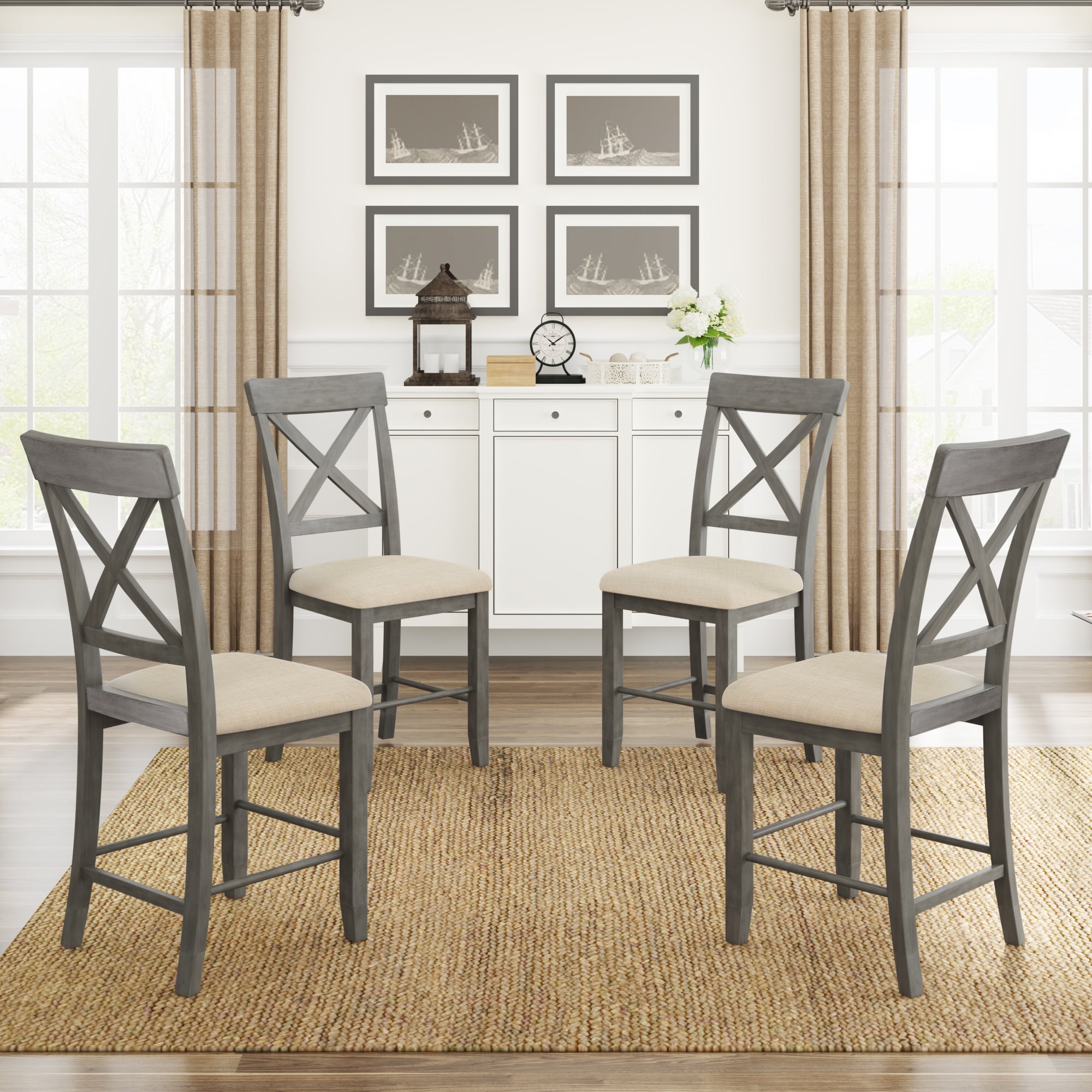 Dining Chairs Set for 4, Wooden Rectangle Padded Chairs, Gray High Back