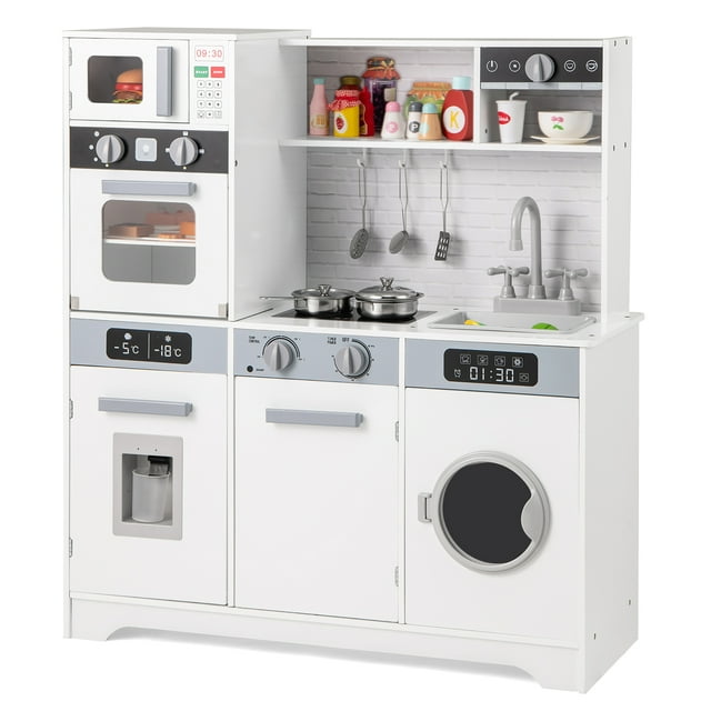 Gymax Ensemble de Jouets de Cuisine pour Enfants avec Distributeur d'Eau, Robinet d'Évier, Four à Micro-Ondes, Ustensiles