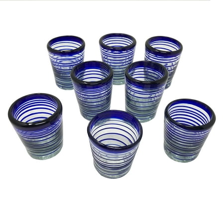Set of 8 Handblown Tequila Shot Glasses/Mezcal Blue Rim Spiral Glasses, Vaso Veladora para Mezcal. Traditional Glass for Mexican Drinks With a Wide Mouth in Order to get the (Best Way To Drink Mezcal)