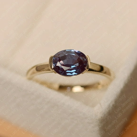 Lab alexandrite ring, yellow gold, engagement ring for women, June birthstone, solitaire ring,