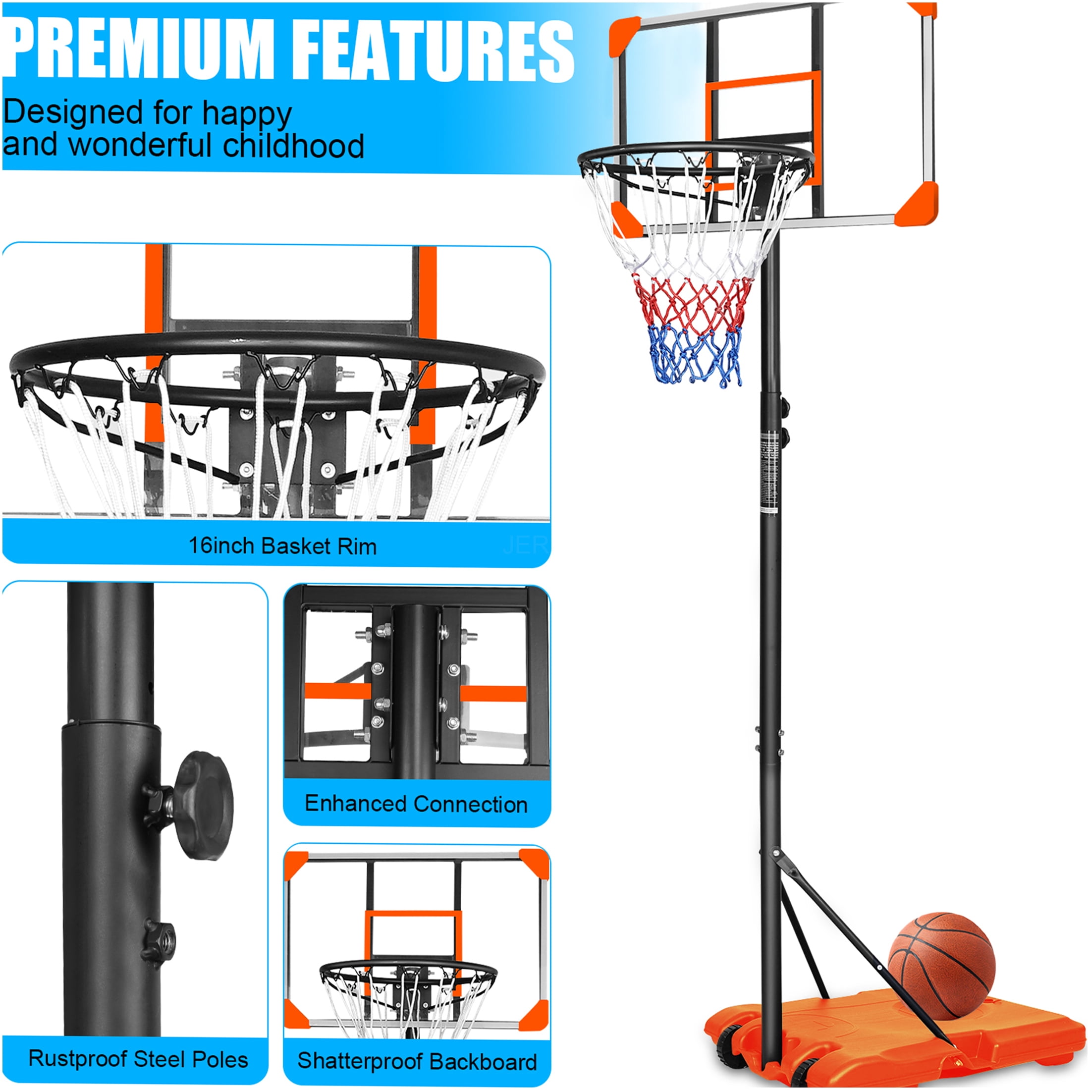JERFIT Portable Basketball Hoop with Wheels, 5.6-7ft Height Adjustable Goal System for Youth Kids, 28" Backboard, Indoor Outdoor Use with Sand/Water Base
