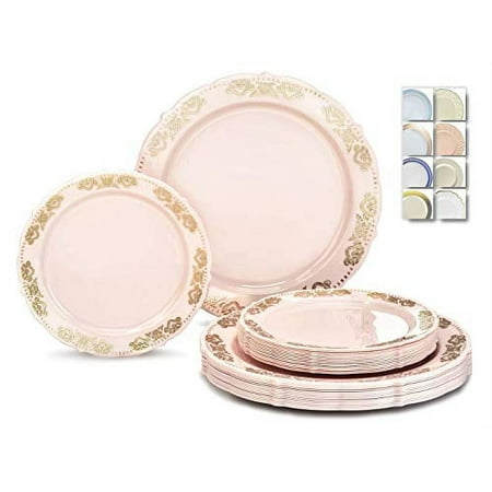 

Plates Pack (60 Guests) Wedding Party Disposable Plates -60 x 10.25 Dinner 60 x 7.5 Salad/Dessert Plate (Portofino Light Pink/Blush with Gold)