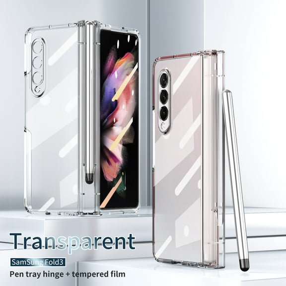 Dteck Case for Samsung Galaxy Z Fold 3,Shockproof Transparent Plating Case Pen Holder Built-in Tempered Glass Screen Protector Cover For Samsung Galaxy Z Fold 3 5G,Clear