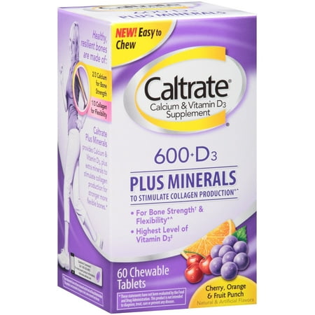 Fiber Supplement Plus Calcium - Caltrate Calcium & Vitamin D Plus Minerals, 600+D, Chewables, Orange & Fruit Punch, 60 ea