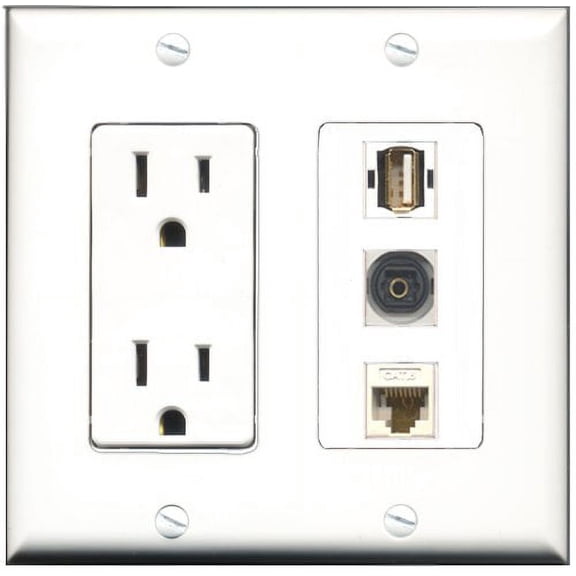 RiteAV - 15 Amp Power Outlet 1 Port USB A-A 1 Port Toslink 1 Port Cat6 Ethernet Ethernet White Decorative Wall Plate