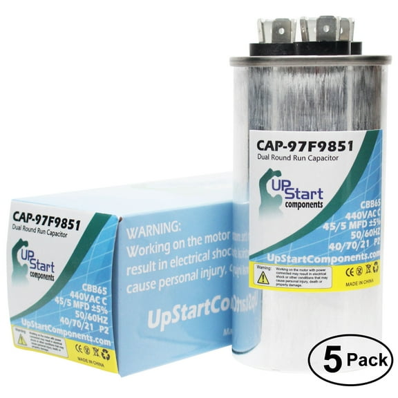 5-Pack 45 / 5 MFD 440 Volt Dual Round Run Capacitor Replacement for Trane CPT0656 - CAP-97F9851, UpStart Components Brand
