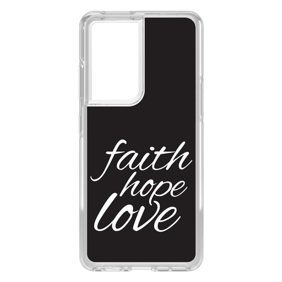 DistinctInk Clear Shockproof Hybrid Case for Galaxy S21 ULTRA 5G (6.8" Screen) - TPU Bumper, Acrylic Back, Tempered Glass Screen Protector - Faith / Hope / Love - Black & White - Love of Christ