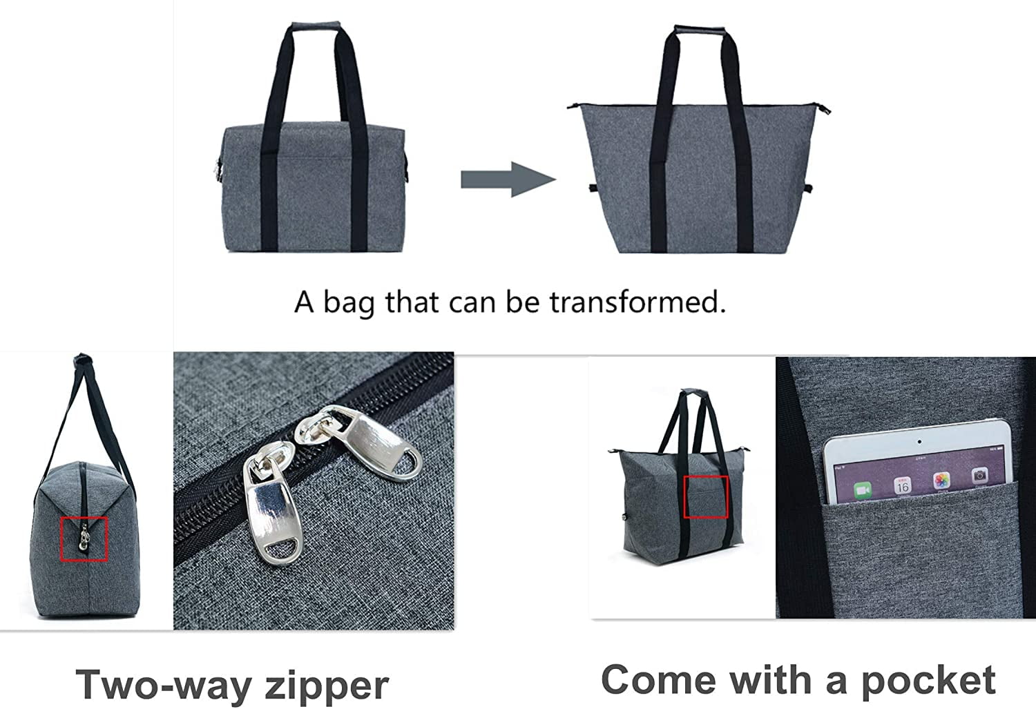Insulated Grocery Thermal Tote Bags for Frozen Cold Hot Foods, Reusable Insulation Zippered Bag for Shopping, Travel, Picnic ,Lunch