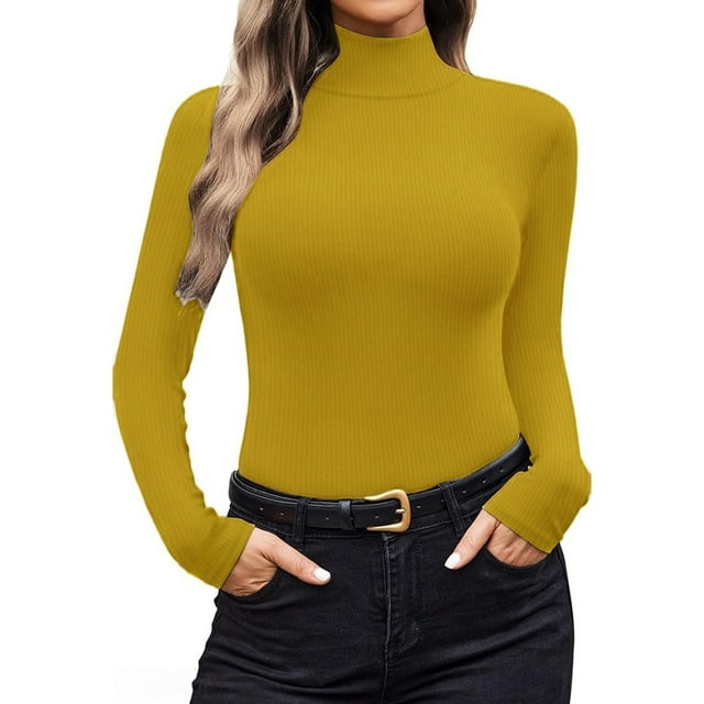 Breezora Ribbed Turtleneck Long Sleeve Layer Top Soft Thermal Base Shirt Lightweight Womens Fall Winter Essential S Size Yellow