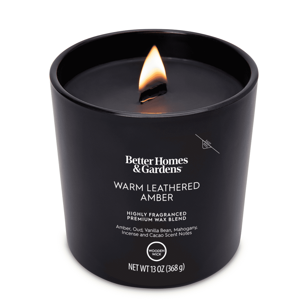 Better Homes & Gardens 13oz Warm Leathered Amber Scented Wooden Wick Jar Candle