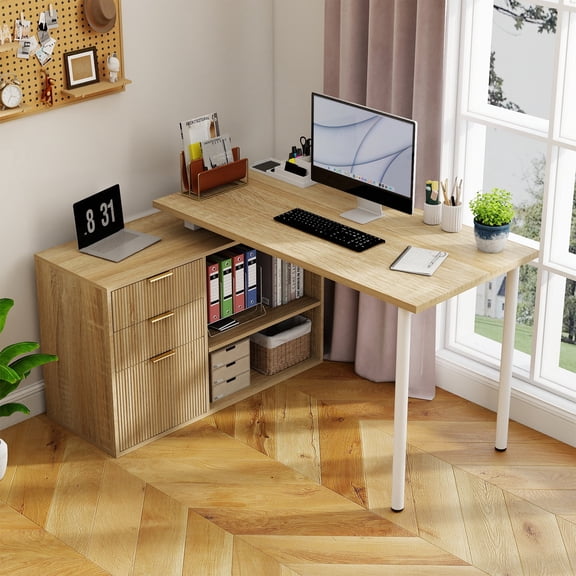 L Shaped Computer Desk with Storage, Wooden Corner Desk with Drawers and File Cabinet, Large Home Office Desk, Spacious Workstation for Bedroom Study