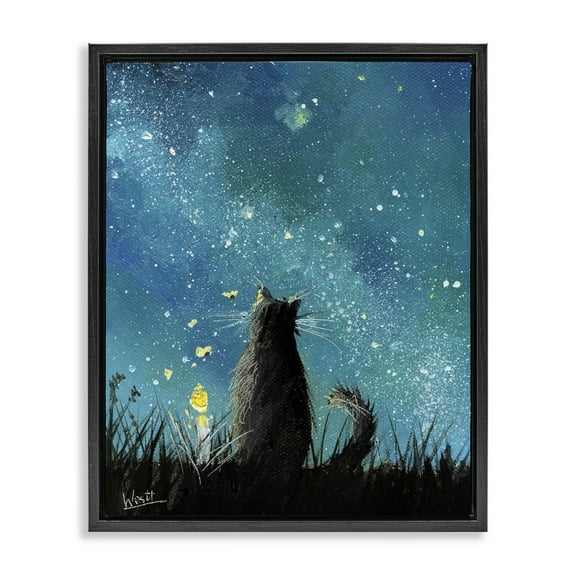 Stupell Industries Cat Gazing at Stars Astrology & Stars Painting Black Floater Framed Canvas Art Print Wall Art, 17 x 21