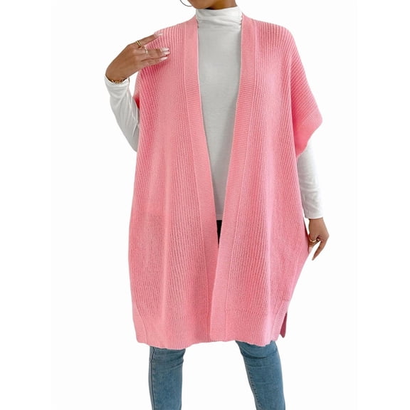 Women'S Ribbed Knit Cardigan Batwing Short Sleeve Oversized Casual Sweater Chunky Side Split Long Coat Pink One Size