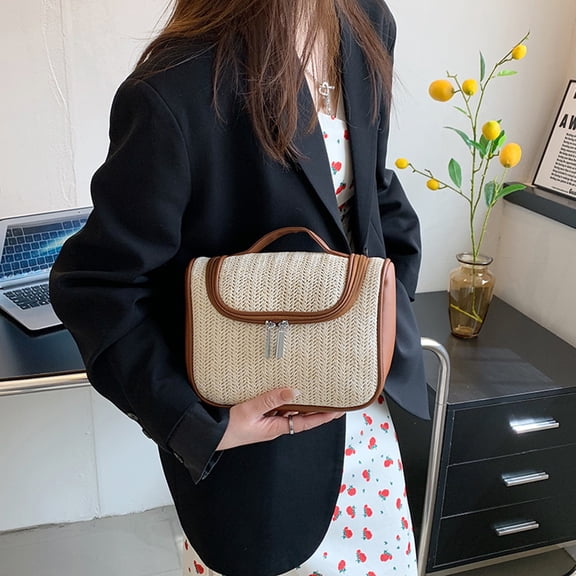 Straw Makeup Bag, Large Capacity Travel Makeup Bag, Portable Large Opening Makeup Bag, Waterproof Makeup Bag, Travel Cosmetic Organizer for Women