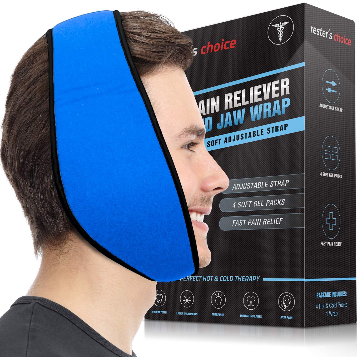 Face Ice Pack for Jaw, Head, and Chin – Hot and Cold Pack for Wisdom Teeth, Jaw Pain, TMJ Pain Relief, Tooth Pain, Headaches, and More – Adjustable Wrap Includes 4 Soft Gel Packs by Rester’s Choice