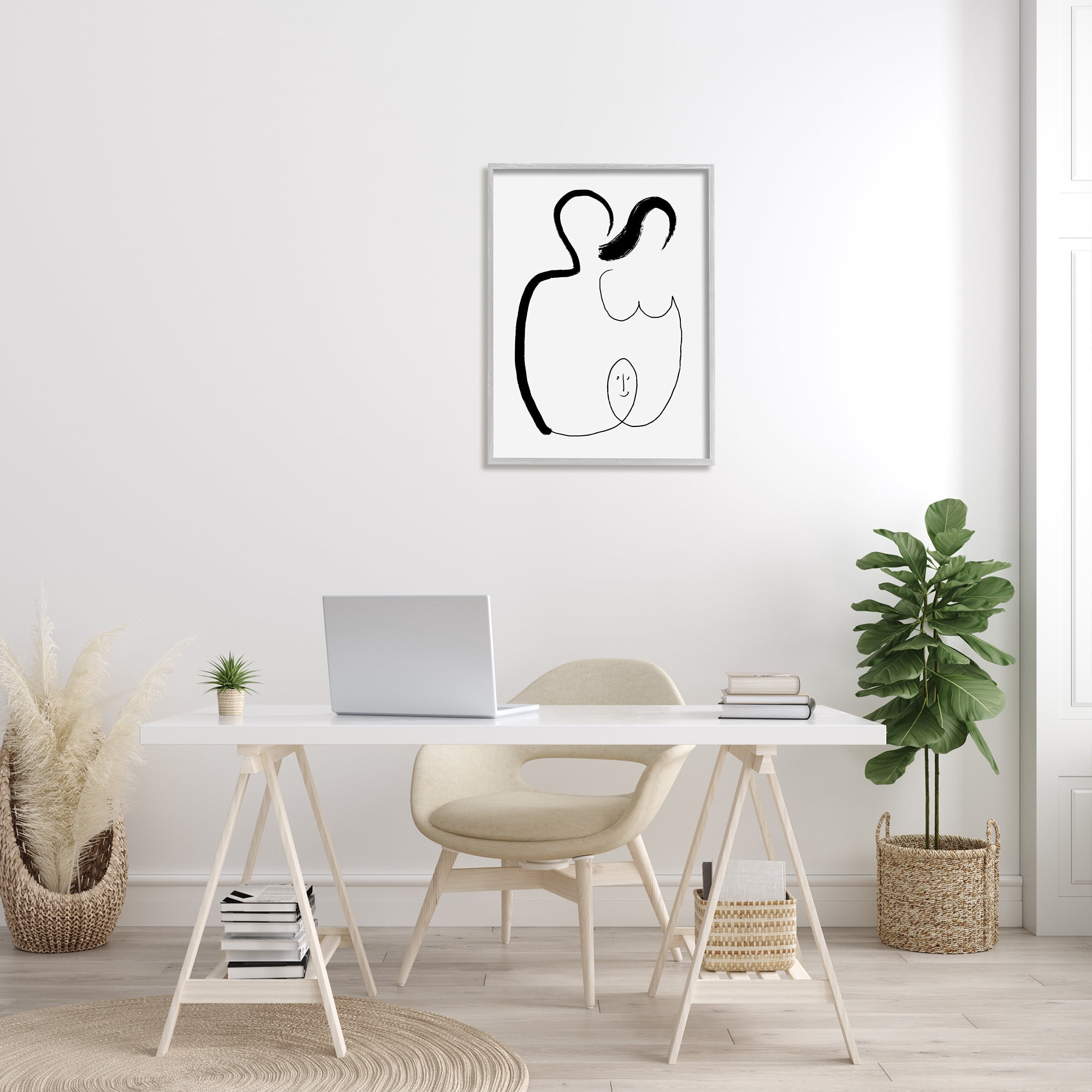 Stupell Industries Family Embrace Abstraction Modern Minimal Line Movement Abstract Painting Gray Framed Art Print Wall Art, 24 x 30