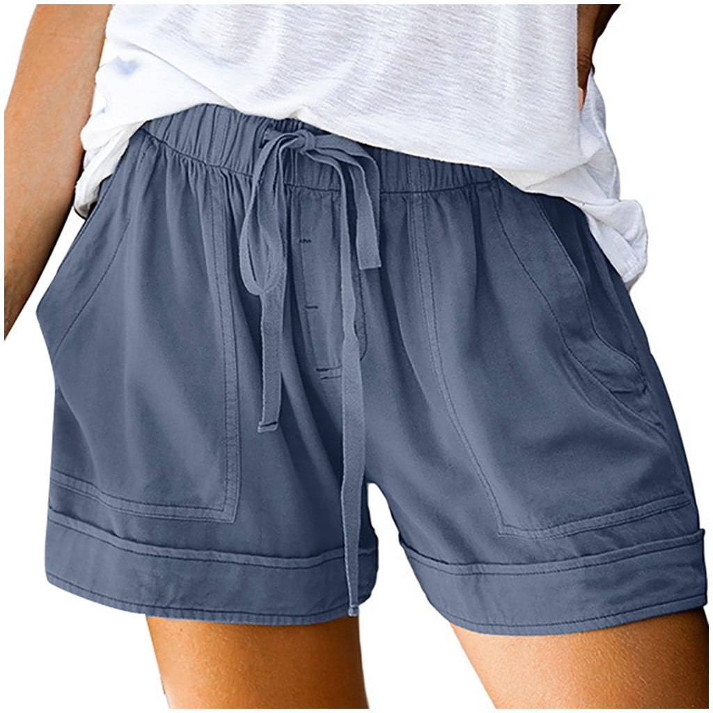 Womens Drawstring Casual Elastic Waist Pocketed Loose Shorts