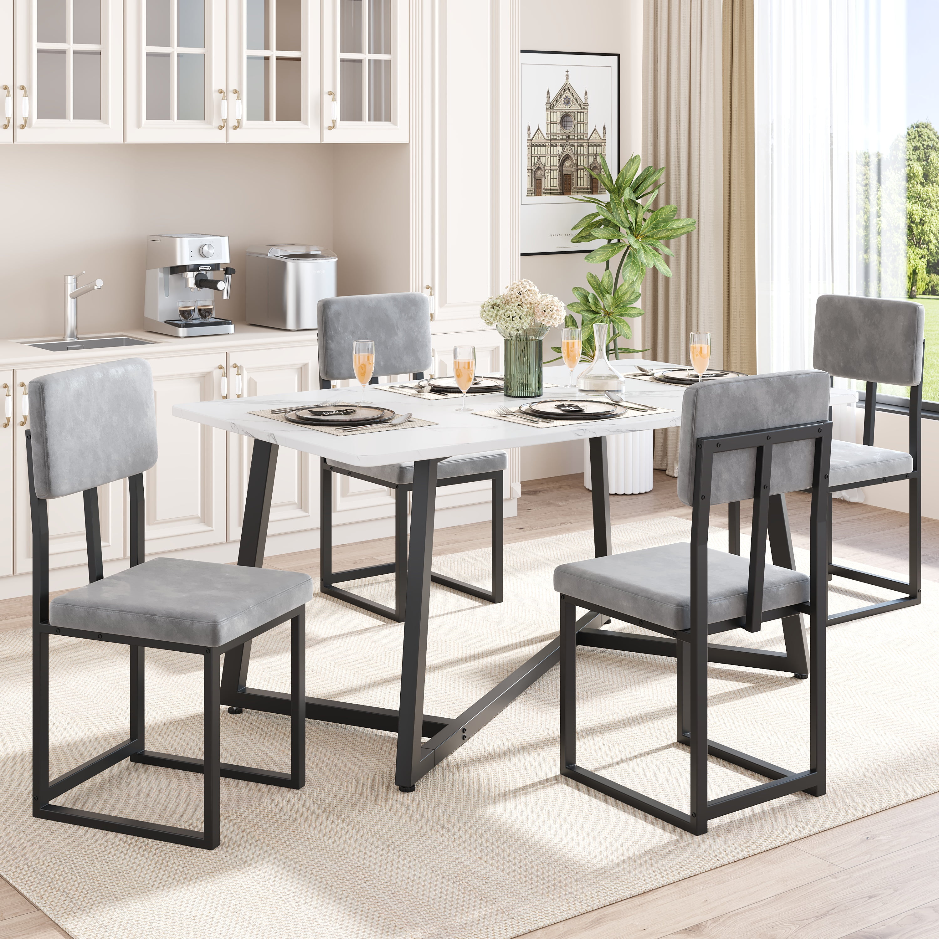 PAPROOS Dining Table Set for 4, 5 Piece Dining Room Table Set with Faux Marble Top and Fabric Upholstery Chairs, Modern Dinette Sets for Breakfast Nook, Kitchen Table and Chairs Set, White&Gray