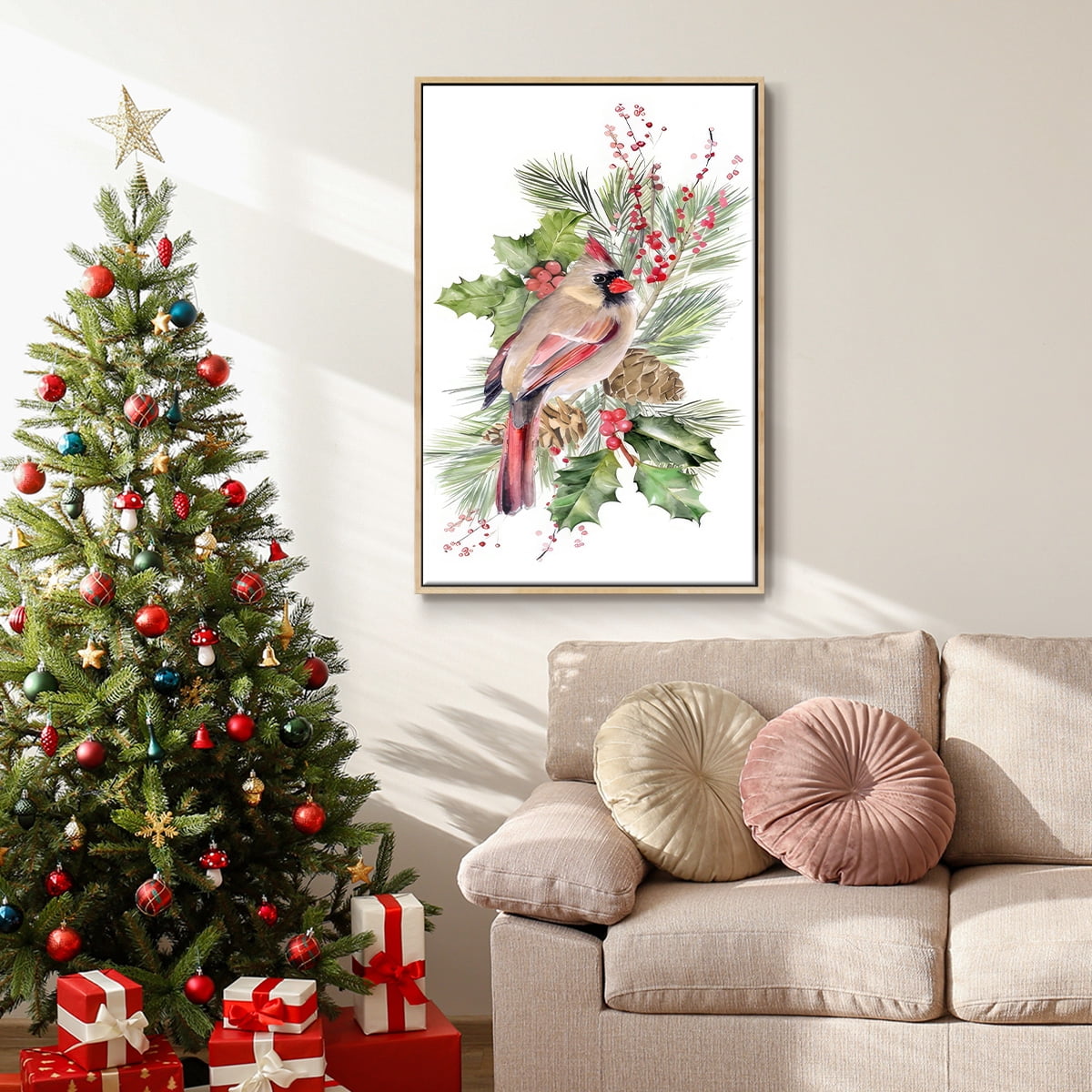 Cardinal Holly Christmas Collection B - Framed Gallery Wrapped Holiday Canvas - 25 x 37 - Natural Wood Frame