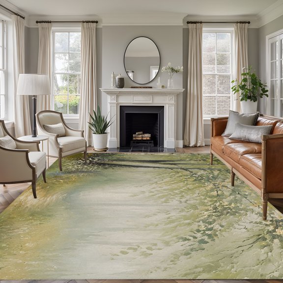 Misty Forest Path 5'x7' Area Rug, Botanical Birch Trees Wild Meadows Washable Non-Slip Soft Rugs, Low-Pile Large Carpet for Living Room Bedroom Dining Room, Non-Shedding Accent Rug