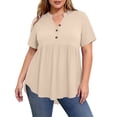 thumbnail image 2 of Yotami Plus Size Button V-Neck T-Shirts for Women Summer Loose Fit Short Sleeve Blouses for Daily Pleated Solid Color Everyday, Beige XXXL, 2 of 5