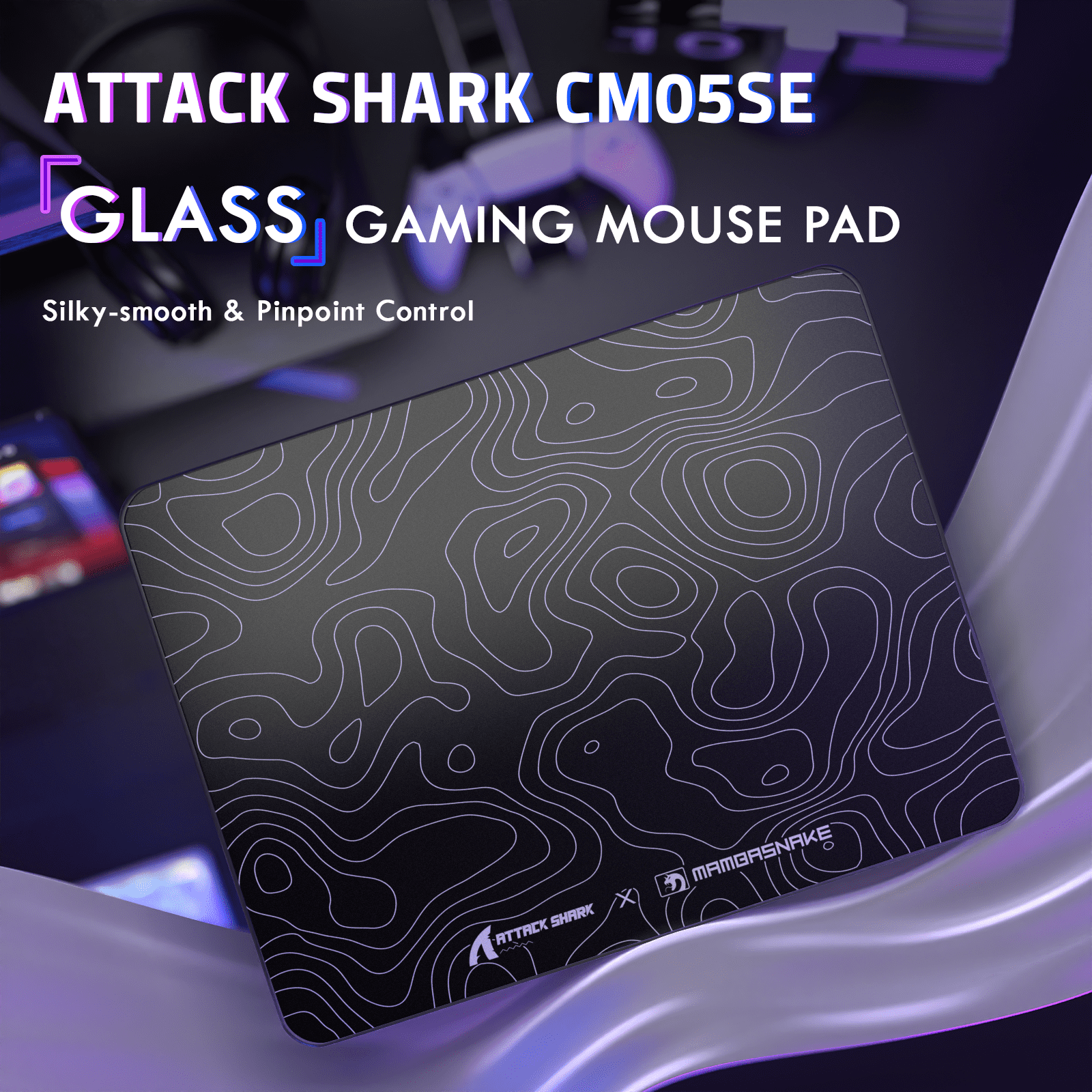 ATTACK SHARK CM05 SE Tempered Glass Mouse Pad, 16.1''×12.2'' Large Hard Gaming Mouse Pad, Nano-Etched Surface, 9H Anti-Scratch, Anti-Slip Base, Black Contours