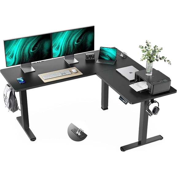 CHITOOMA Standing Desk Adjustable Height with 4-in 1 Electical Outlet, L Shaped Electric Standing Desk with Headphone Hook, Stand up Desk for Home Office Sturdy Writing Workstation, Black