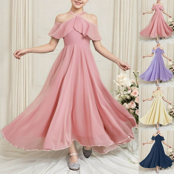 Miluxas Girls Spaghetti Strap Wedding Dress off Shoulder Pleated Chiffon Party Maxi Princess Dress Purple 12 Years