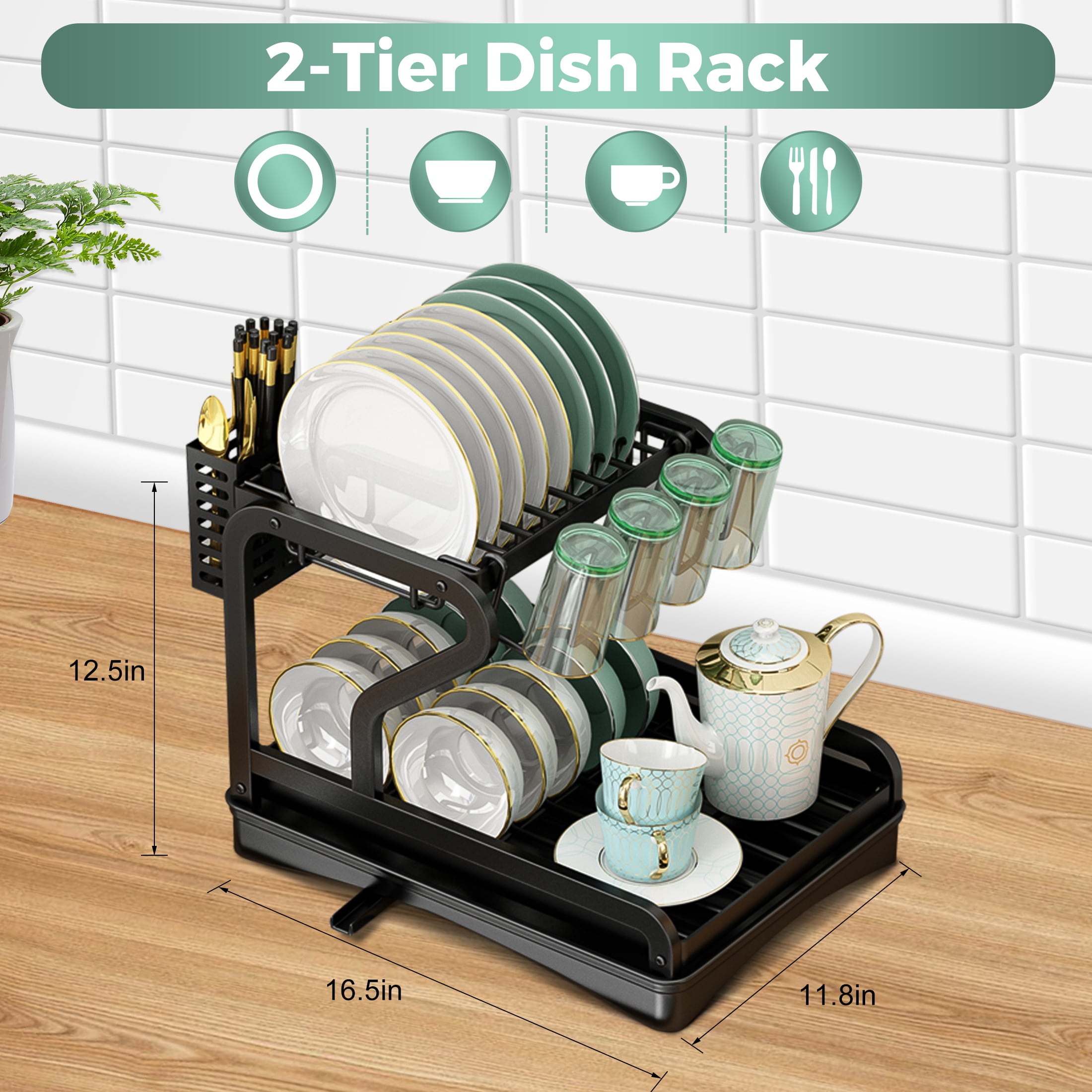 KesaPlan Dish Drying Rack with Drainboard, 2-Tier Saving Dish