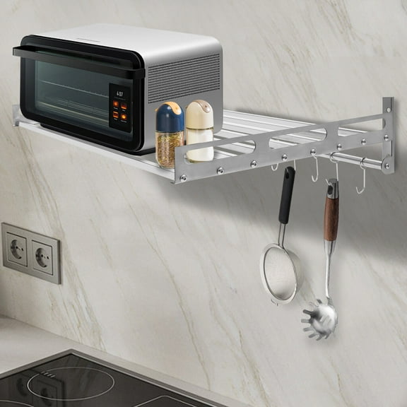 Stainless Steel Wall-Mounted Microwave Oven Shelf with 12 Hooks for Kitchen Storage