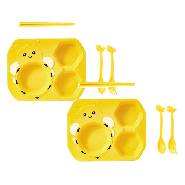 Oleegame 2PC Stainless Steel Cutlery Set Little Bee Children's Dinner Plate Home Baby Split Meal Little Bee Plate