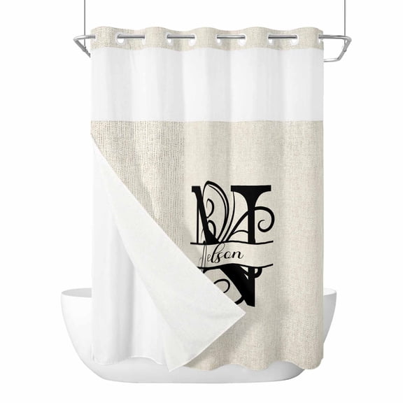 No Hook Shower Curtains with Detachable Snap-in Liner Set, Letter N Waterproof Hotel Style Bathroom Shower Curtain, Monogram Words Breathable Mesh Top Window Bath Curtains 72''x84''
