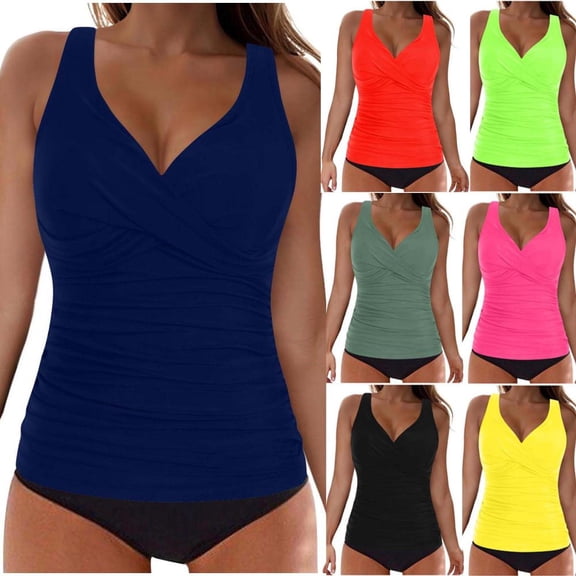 Bxsruta Women's Wirefree Push-Up Padded Bikini Swimsuit Set, Sleeveless Solid V-Neck Design, Made of Soft Stretch Polyester for Beach and Pool Swimming