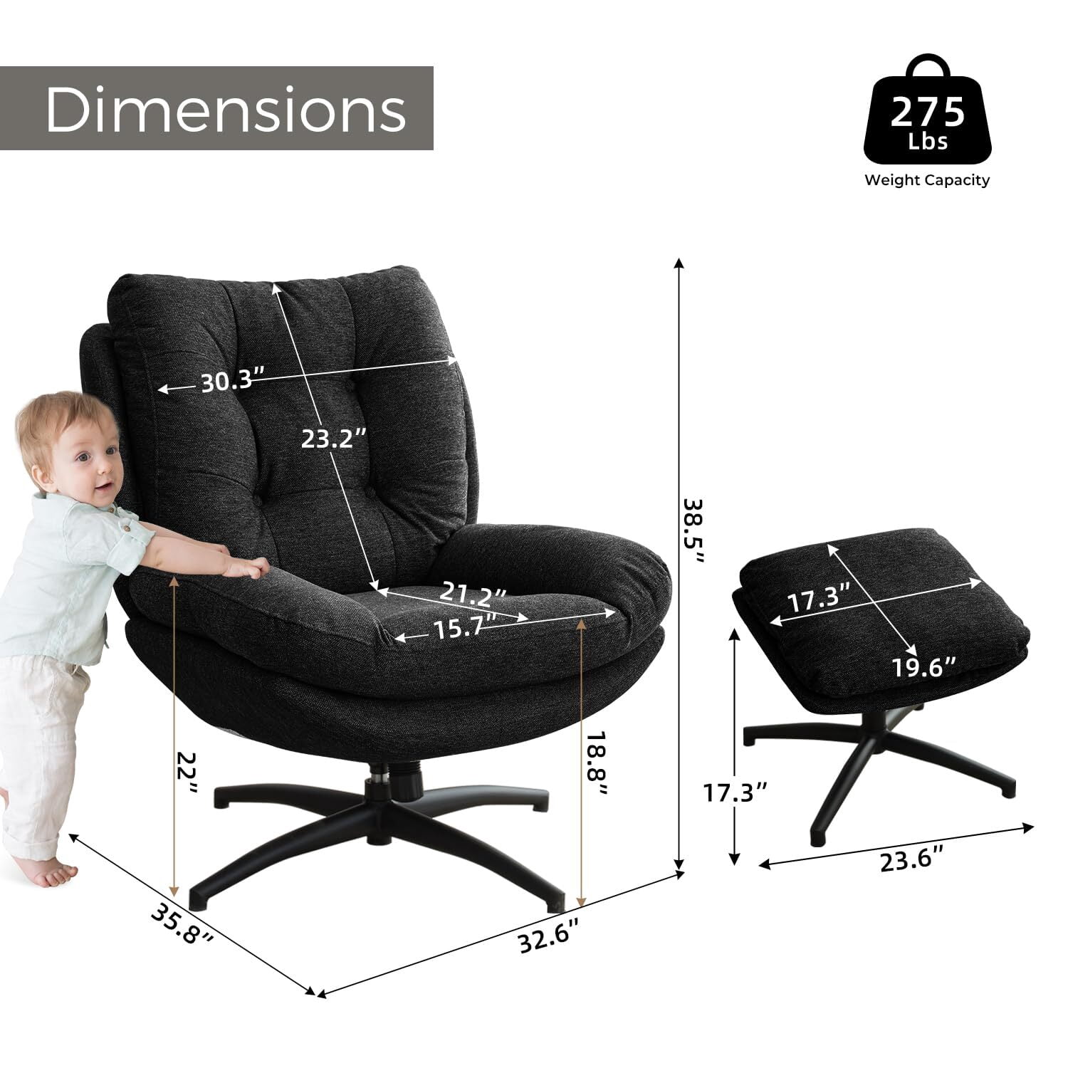 Comfort Stretch Black Swivel Accent Chair with Ottoman Rocker Glider Chairs Ottoman Footrest Set